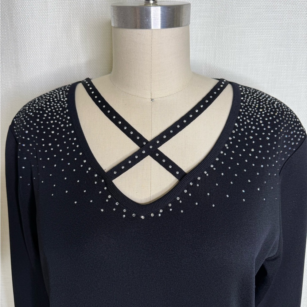 Misook Black Knit Dress Crystal Neck Detail Stretch Elegant Size Medium - Picture 3 of 7